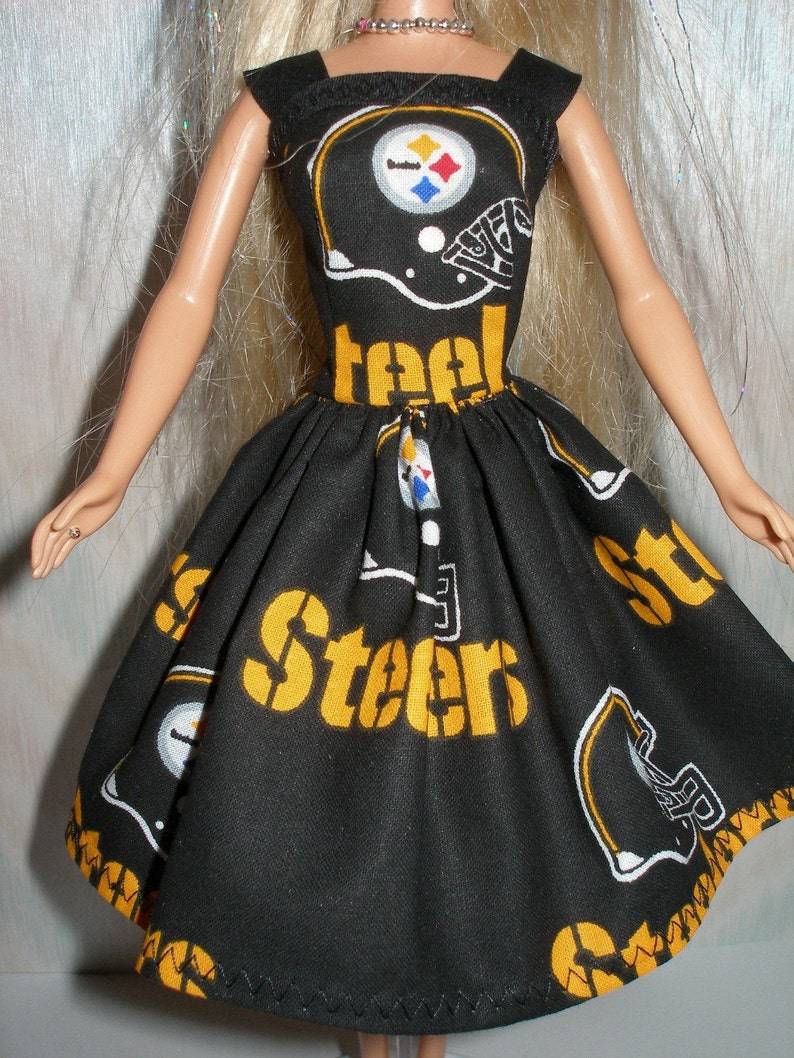 Handmade 11.5 fashion doll clothes and little sister sizes Black and gold steelers dress image 1