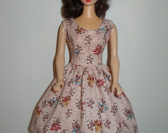Handmade 11.5" fashion doll clothes -  beige and dusty pink floral  print cotton dress
