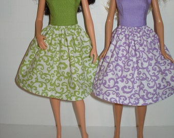 Handmade 11.5 fashin doll clothes - purple or green vine print dress