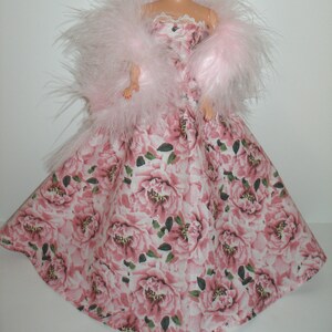 Handmade 11.5&#39; Fashion doll clothes - Pink floral print gown with boa