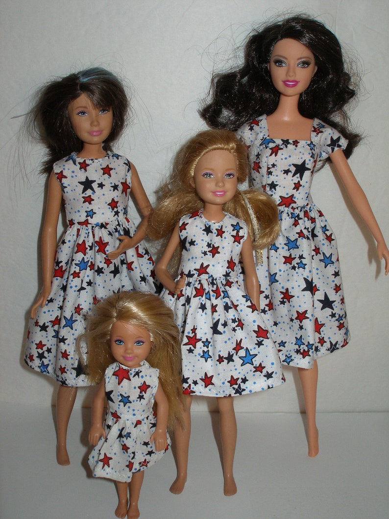 Handmade 11.5' fashion doll and sisters clothes - 4 fashion doll sisters white with red and blue stars print dress 