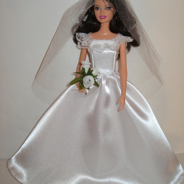 Handmade  Regular 11.5"  Fashion doll, tall, curvy or petite clothes - white satin wedding gown