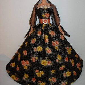 Handmade 11.5&quot; fashion doll clothes  -  Glittery Black and Gold Floral Cotton Gown  w/Stole
