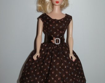 Handmade 11.5" fashion doll clothes - Brown Print Dress