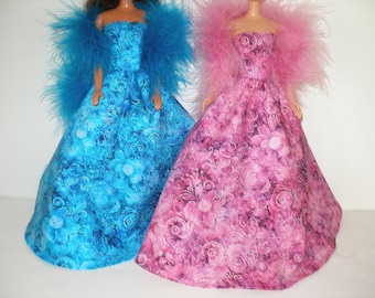Handmade 11.5' Fashion doll clothes - pink or blue floral print gown with boa