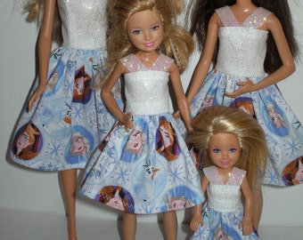 Handmade 11.5" fashion doll and sisters clothes - 4 fashion doll sisters white and blue frozen print dresses