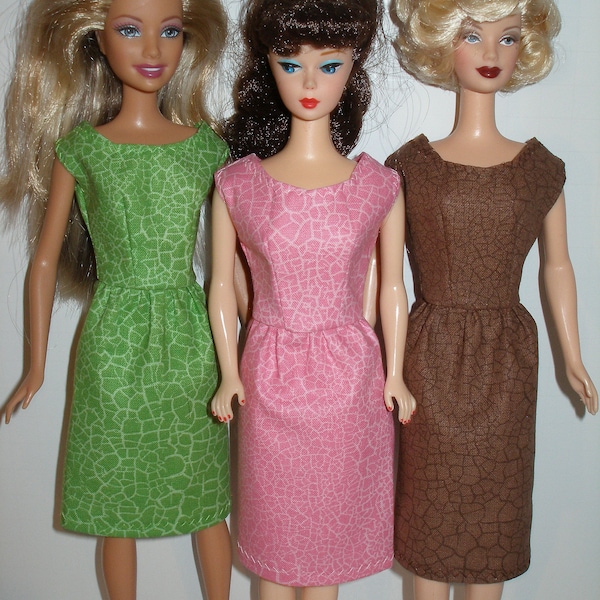 Handmade 11.5" Fashion doll clothes - Your choice - brown, pink or green crackle print cotton sheath dress