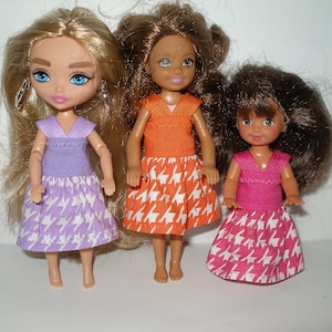 Handmade 5.5&quot; little sister fashion doll clothes fits Chelsea - hot pink, orange or purple houndstooth print dress
