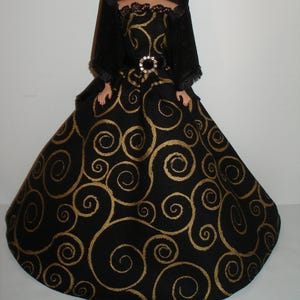 Handmade 11.5&quot; fashion doll clothes  -  Black and Gold Swirls Cotton Gown  w/Stole