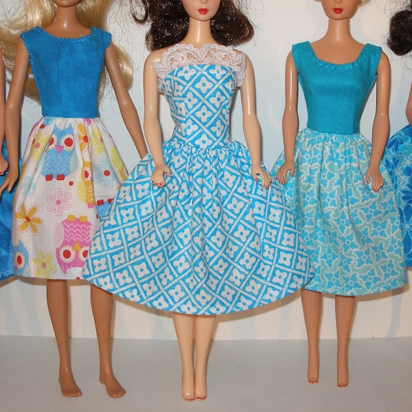 Handmade 11.5" fashion doll clothes - mixed lot of 5 turquoise print dresses