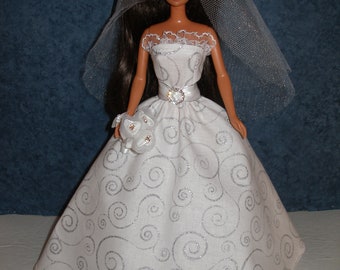 Handmade 11.5" fashion doll clothes - White cotton and Glittery Silver Swirls Wedding Gown w/Veil and Bouquet