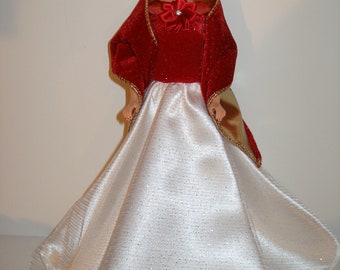 Handmade 11.5" fashion doll clothes -  red velveteen bodice with white satin and glittery tulle overlay  skirt gown