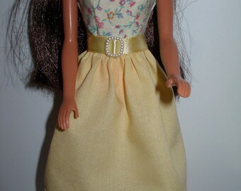 Handmade 11.5" fashion doll clothes - yellow and pink tiny floral print/yellow skirt dress