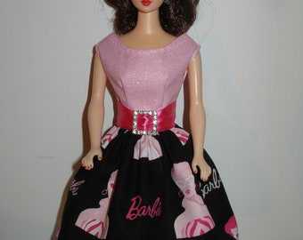 Handmade 11.5" fashion doll clothes - Black, White and Pink Barbie Print Dress