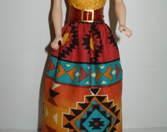 Handmade 11.5" fashion doll clothes - Golden  Yellow, Teal and Rust Southwest print dress