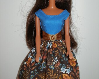 Handmade 11.5" fashion doll clothes - Blue w/Brown Fall Leaves Print Skirt Dress