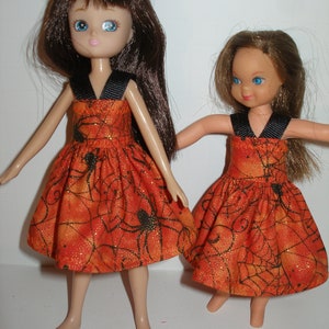 Handmade 7&quot; doll clothes for Lottie or Tutti doll - glittery orange and black spiderweb print dress