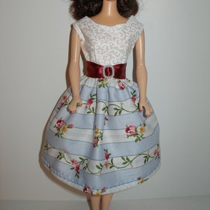 Handmade 11.5&quot; fashion doll clothes - Floral Stripe Print Dress w/ Satin Belt