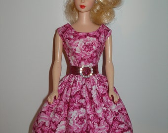 Handmade 11.5" fashion doll clothes - Glittery Hot Pink Roses Print Dress with Glittery Pink Ribbon Belt