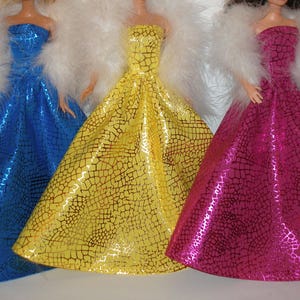 Handmade 11.5&#39; Fashion doll clothes - blue, yellow or pink cotton foil print gown with boa