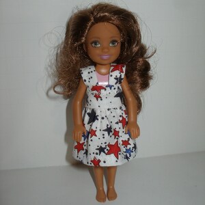 Handmade 11.5" fashion doll and sisters clothes - 4 fashion doll sisters white with red and blue stars print dress 5.5" Dress size