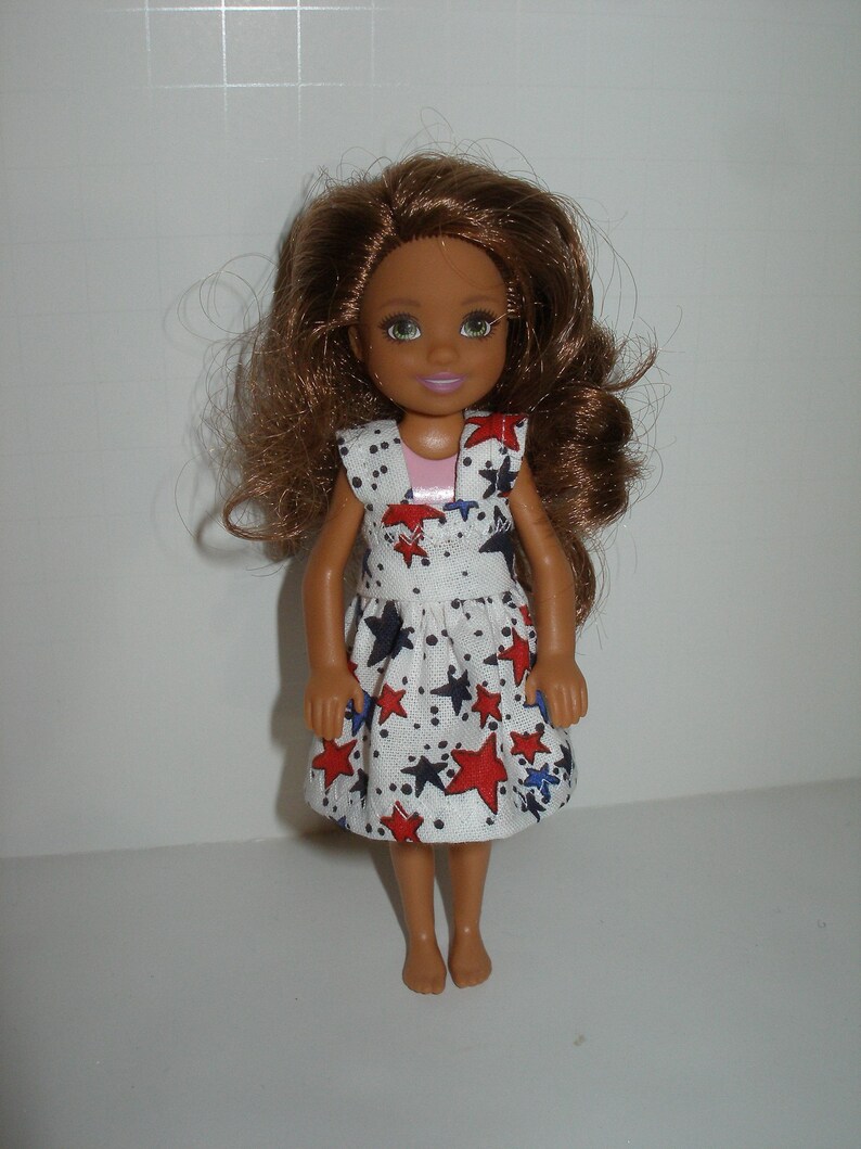 Handmade 11.5" fashion doll and sisters clothes - 4 fashion doll sisters white with red and blue stars print dress 5.5" Dress size