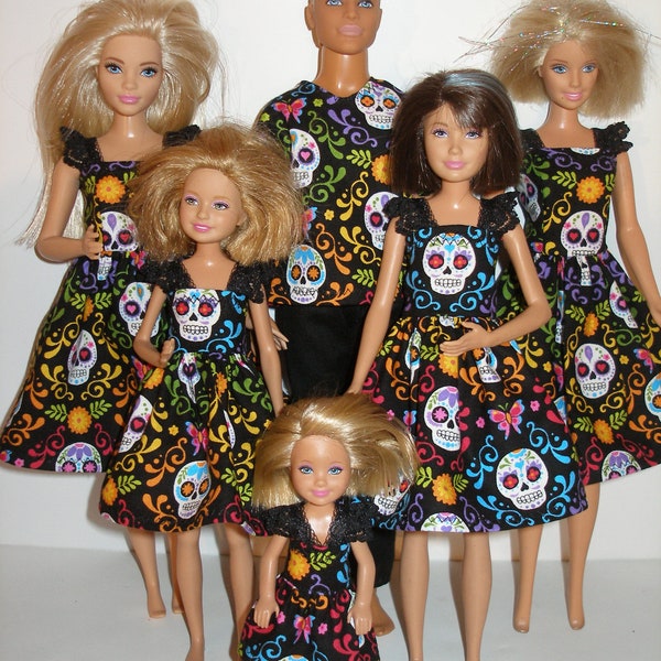 Handmade fashion doll clothes - 4 fashion doll sisters set Black Day of the Dead print dresses