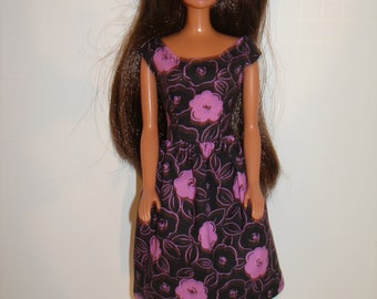 Handmade 11.5" fashion doll clothes -  black and pink floral print cotton dress