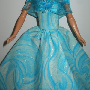 Handmade 11.5&quot; fashion doll clothes - glittery blue swirls cotton gown with blue organza shoulder wrap trim