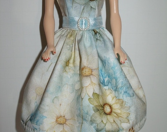 Handmade 11.5" fashion doll clothes - Cream and Blue Floral Dress with Satin Ribbon Belt