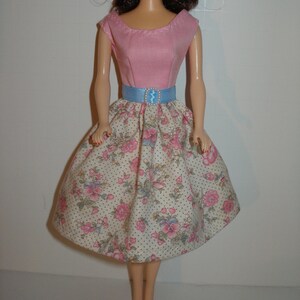 Handmade 11.5&quot; fashion doll clothes - Pink Bodice w/Cream and Pink Floral Print Skirt Dress