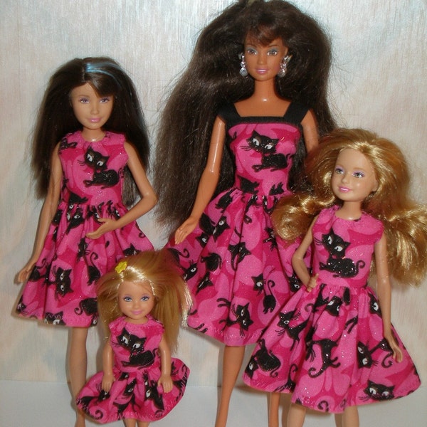 Handmade 11.5" fashion doll clothes - 4 sisters pink and black cat dress set