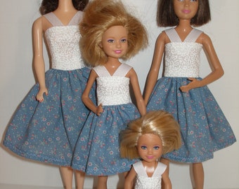 Handmade 11.5" fashion doll and sisters clothes - 4 fashion doll sisters white/blue with tiny pink rosebuds print dresses