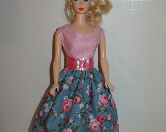 Handmade 11.5" fashion doll clothes - Blue and Pink Roses Print Dress w/Glittery Pink Bodice