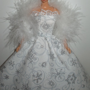 Handmade 11.5&quot; fashion doll clothes - Gown - Glittery Snowflake Gown w/ boa - Choice of Silver, Red, Blue or Gold