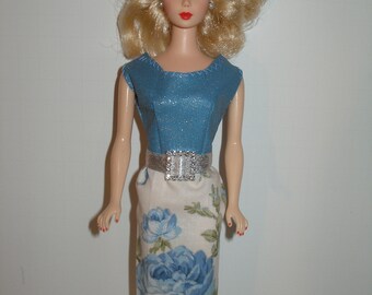 Handmade 11.5" fashion doll clothes - OOAK - Glittery Blue Bodice/Cream and Blue Floral Skirt Sheath