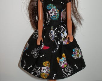 Handmade 11.5" fashion doll clothes -  Black Puppy Sugar Skulls print dress
