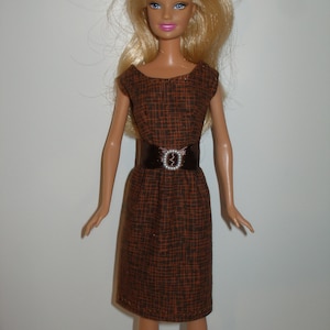 Handmade 11.5 Fashion doll clothes Your choice orange, teal or pink crosshatch print cotton sheath dress w/belt ブラウン