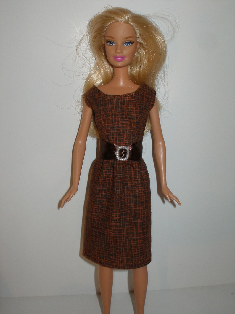 Handmade 11.5 Fashion doll clothes Your choice orange, teal or pink crosshatch print cotton sheath dress w/belt ブラウン
