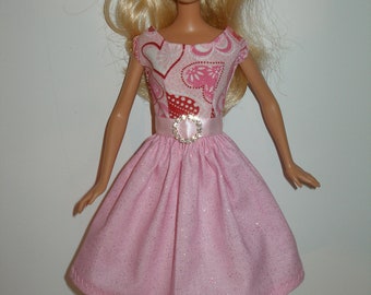 Handmade 11.5" fashion doll clothes - glittery pink harts dress print dresss