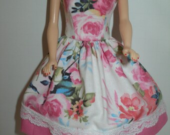 Handmade 11.5" fashion doll clothes -   White and Pink Floral Print Dress w/pink hemline trimmed w/white lace