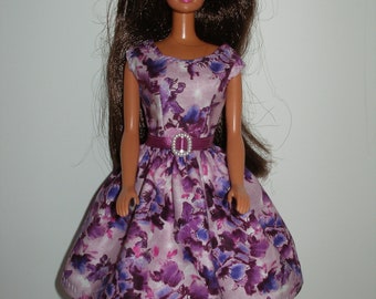 Handmade 11.5" fashion doll clothes - Purple Floral Print Dress w/Purple Satin Ribbon Belt