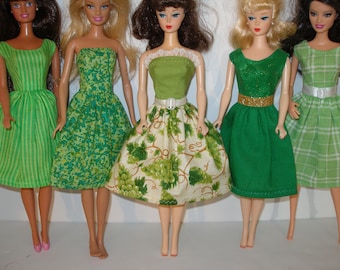 Handmade 11.5" fashion doll clothes - mixed lot of 5 green print dresses