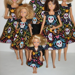 Handmade fashion doll clothes - 4 fashion doll sisters set Black Day of the Dead print dresses