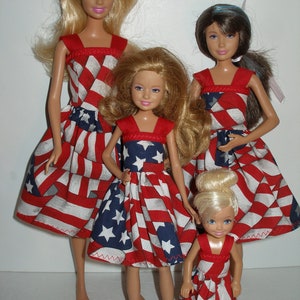 Homemade Fashion Doll clothes - 4 Fashion Doll Sisters Set -  red, white and blue flag dresses