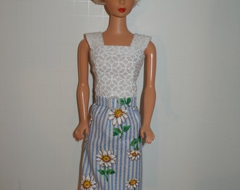 Handmade 11.5" fashion doll clothes - Blue Stripe Daisy Print Dress