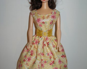 Handmade 11.5" fashion doll clothes - Yellow and Pink Floral Print Dress with Wide Satin Ribbon Belt