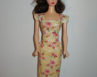 Handmade 11.5" fashion doll clothes - yellow and hot pink floral sheath