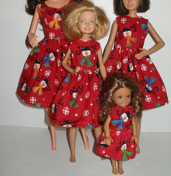 Handmade Fashion Doll Clothes -- Sister Set of 4 Dresses or Individual Sizes -- Red and White Snowman Christmas Dress
