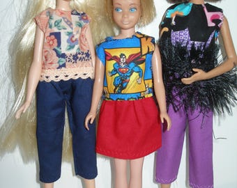 Handmade 10.5" fashion doll clothes - Lot 6 piece mix and match set -- 1 pair purple capri, 1 red skirt, 1 navy blue capri and 3 tops